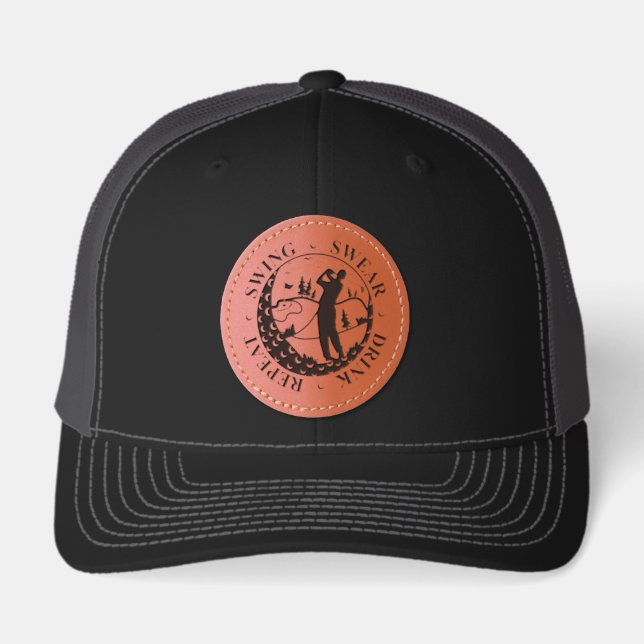 Swing Swear Drink Repeat Funny Golf Leather Patch Hat (Front)