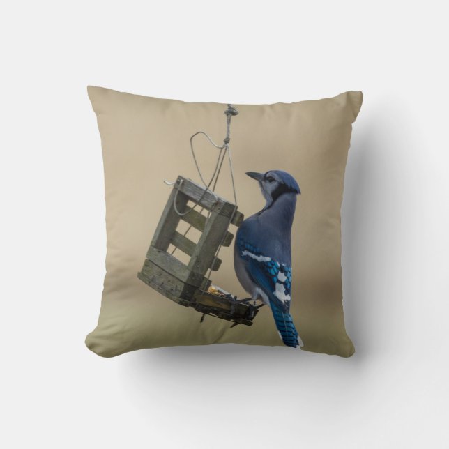 Swinging Blue Jay Throw Pillow (Front)