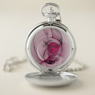Swinging Fractal, Modern Abstract Berry Pink Name Pocket Watch