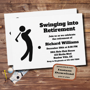 Swinging Golf Player Modern Retirement Party Invitation