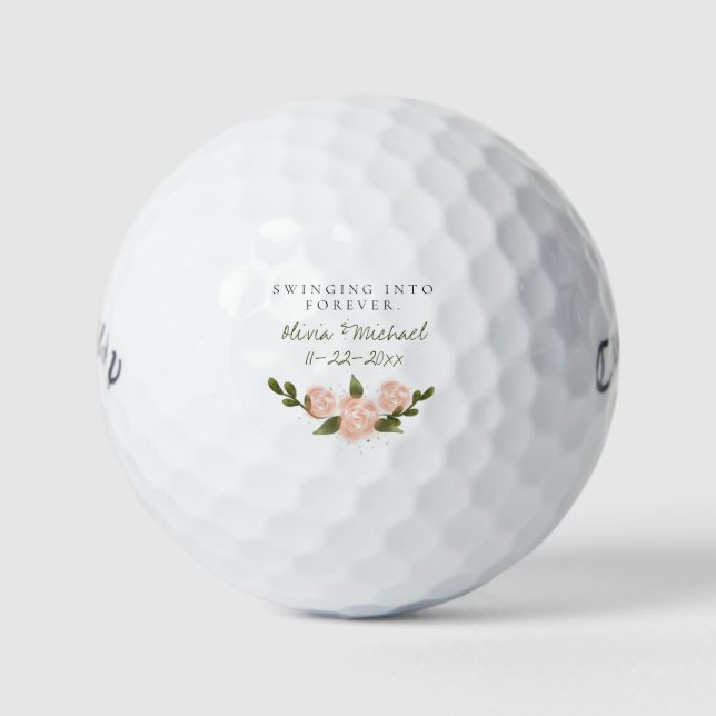 'Swinging Into Forever' Customizable Names & Date  Golf Balls (Front)