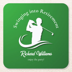 Swinging into Retirement Modern Golf Player Party Square Paper Coaster