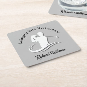Swinging into Retirement Modern Golf Player Party Square Paper Coaster