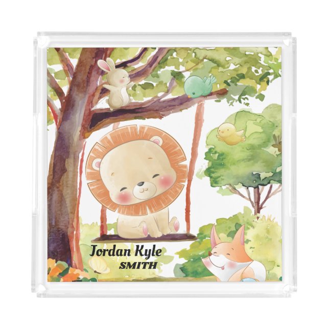 Swinging Lion, Fox, Bunny and Birds Blush Nature Acrylic Tray (Front)
