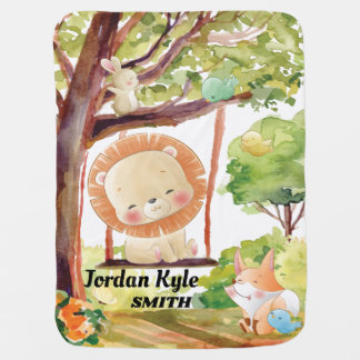 Swinging Lion, Fox, Bunny and Birds Blush Nature Baby Blanket