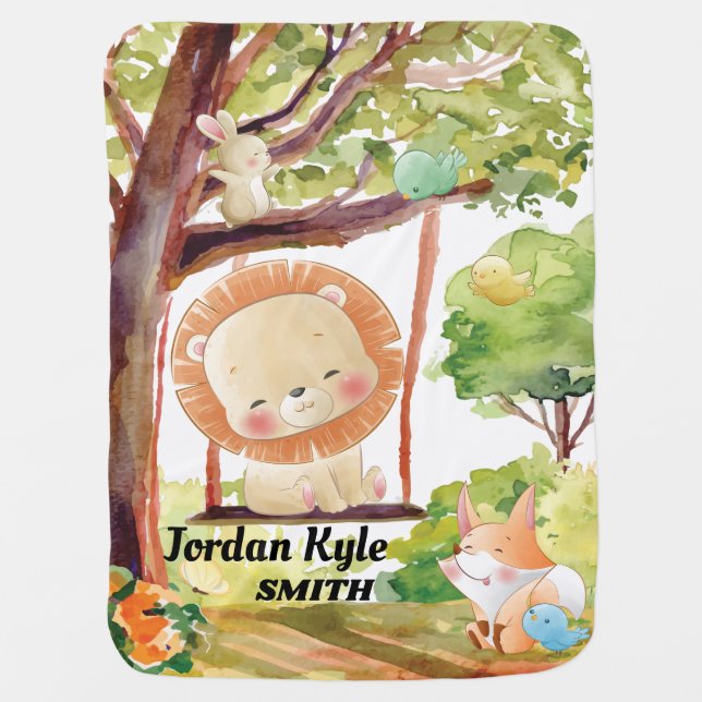 Swinging Lion, Fox, Bunny and Birds Blush Nature Baby Blanket (Front)