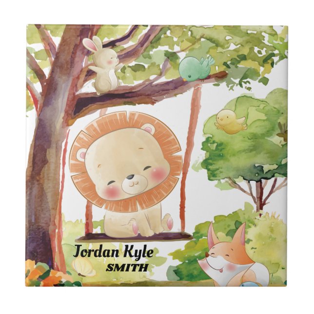 Swinging Lion, Fox, Bunny and Birds Blush Nature Ceramic Tile (Front)