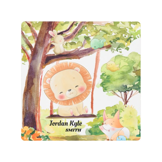 Swinging Lion, Fox, Bunny and Birds Blush Nature Metal Print (Front)