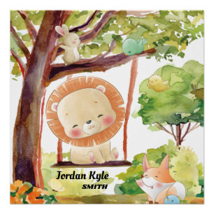 Swinging Lion, Fox, Bunny and Birds Blush Nature Poster