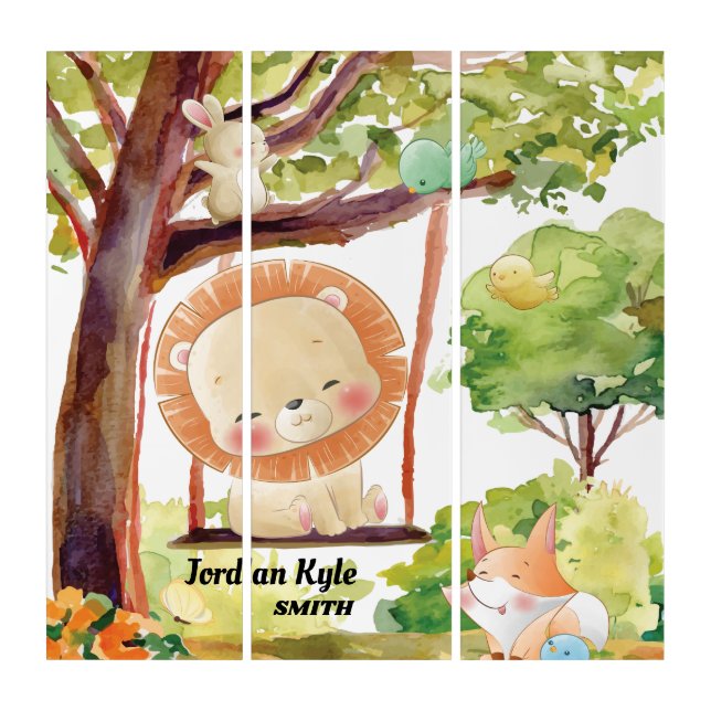 Swinging Lion, Fox, Bunny and Birds Blush Nature Triptych (Front)