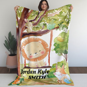 Swinging Lion, Fox, Bunny and Birds kids blanket