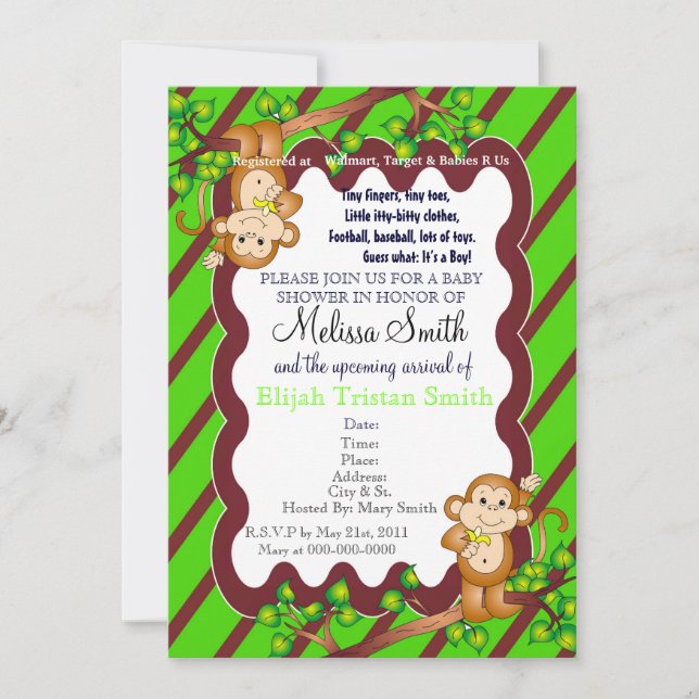 Swinging Monkey Baby Shower Invitation - Green (Front)