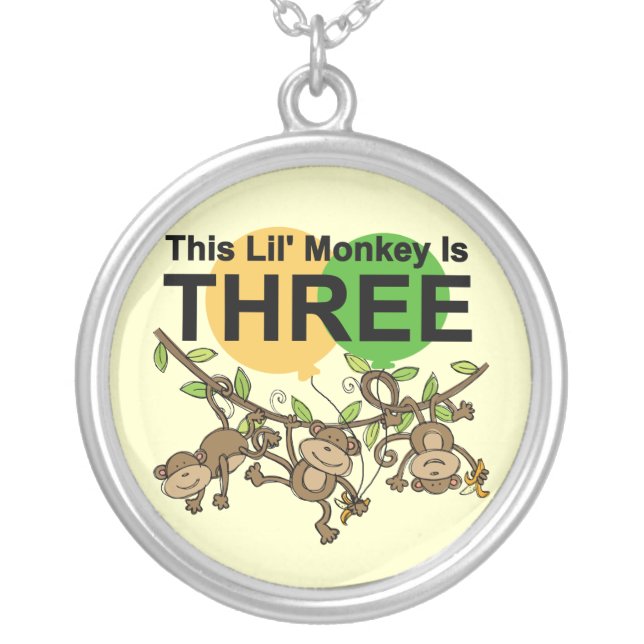 Swinging Monkeys 3rd Birthday tshirts and Gifts Silver Plated Necklace (Front)