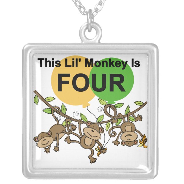 Swinging Monkeys 4th Birthday Tshirts and Gifts Silver Plated Necklace (Front)