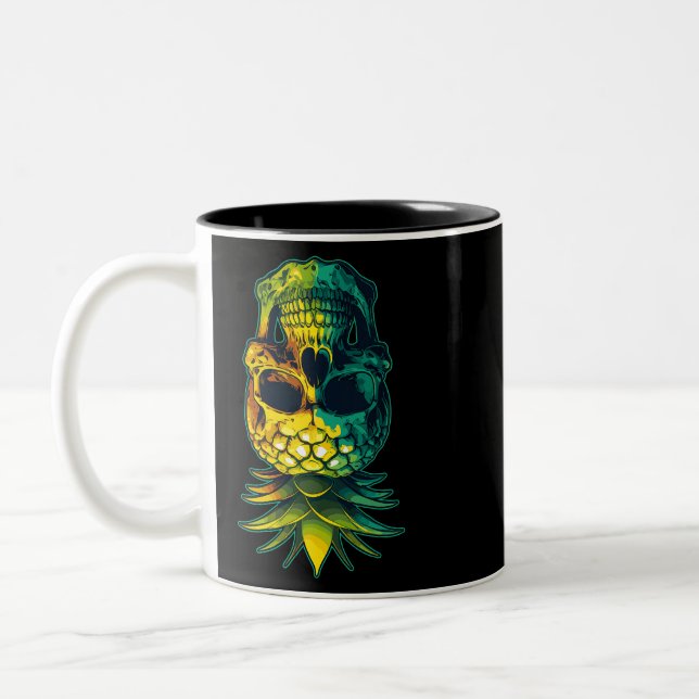 Swinging Pineapple Skull Funny Upside Down Pineapp Two-Tone Coffee Mug (Left)