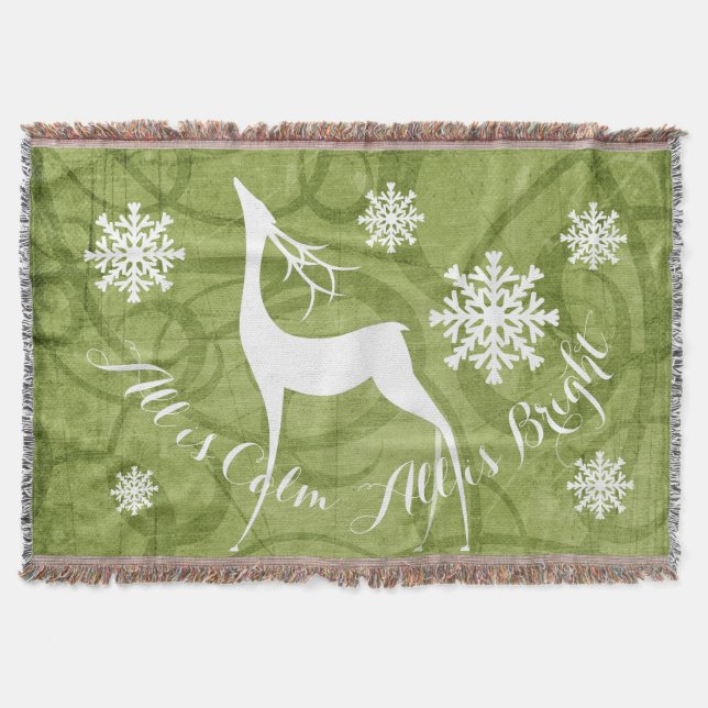 Swirl All is Calm All is Bright Deer Holiday Throw Throw Blanket (Front)