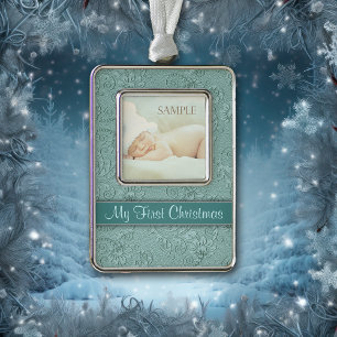 Swirl Aqua Baby First Christmas Silver Plated Framed Ornament