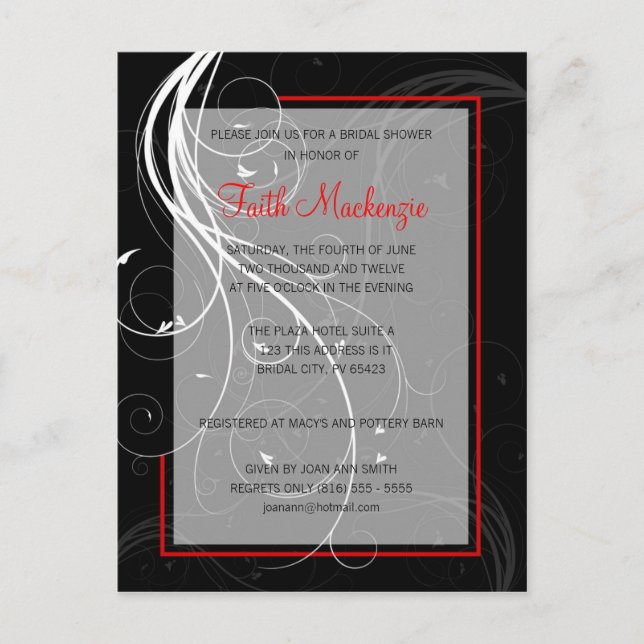 Swirl Black and Red Wedding Shower Invitation (Front)