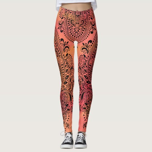 Swirl Black Ornament On Pink  Yellow Background Leggings