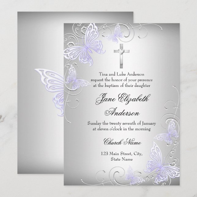 Swirl Butterfly & Cross Purple Baptism Invite (Front/Back)