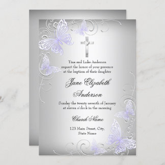 Swirl Butterfly & Cross Purple Baptism Invite