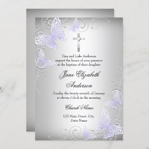 Swirl Butterfly  Cross Purple Baptism Invite