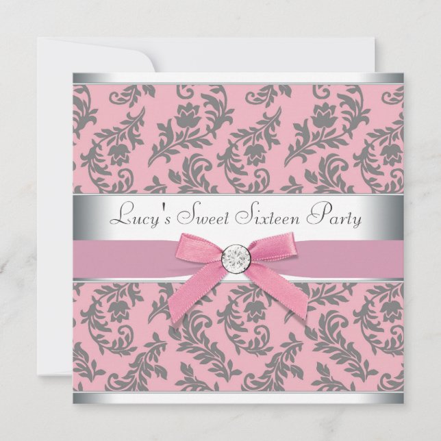 Swirl Damask Pink and Gray Sweet 16 Party Invitation (Front)