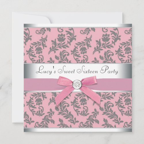 Pink Gray Swirl Damask Pink Sweet 16 Party Custom Invite