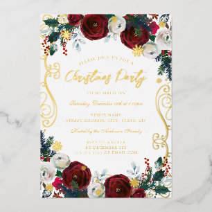 Swirl Floral Red Gold Green Christmas Party Foil Invitation