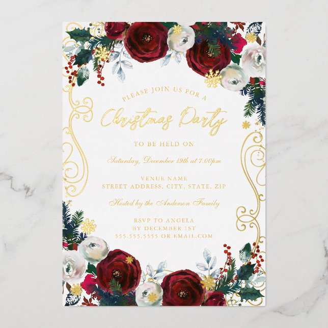 Swirl Floral Red Gold Green Christmas Party Foil Invitation (Front)