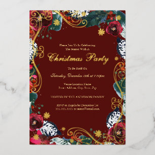 Swirl Floral Red Green Gold Christmas Party Foil Invitation