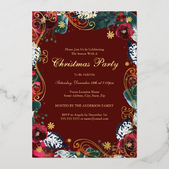 Swirl Floral Red Green Gold Christmas Party  Foil Invitation (Front)