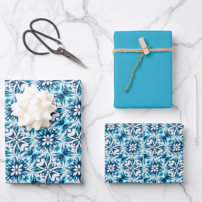 Swirl Floral Tile Pattern – in blue Wrapping Paper Sheets (Front)