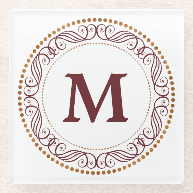 Swirl Frame Red Monogram Glass Coaster (Front)