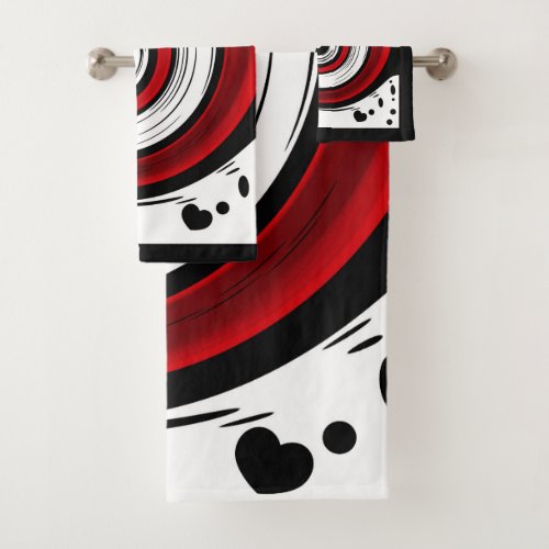 Swirl liquid circle modern black red white colors bath towel set