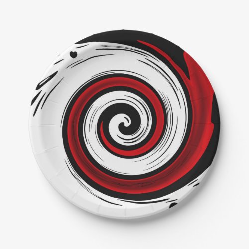 Swirl liquid circle modern black red white colors paper plates