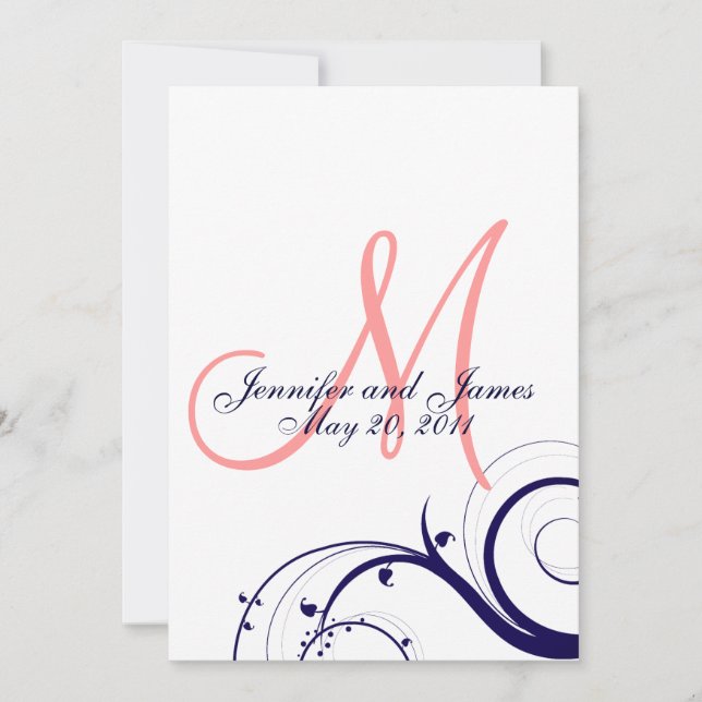 Swirl Monogram Wedding Invitations Navy Coral (Front)