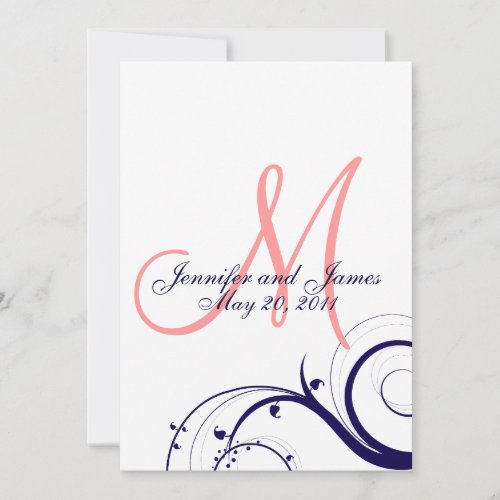 Swirl Monogram Wedding Invitations Navy Coral