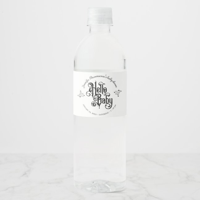 Swirl Ornament Frame Gothic Hello Baby Shower Water Bottle Label