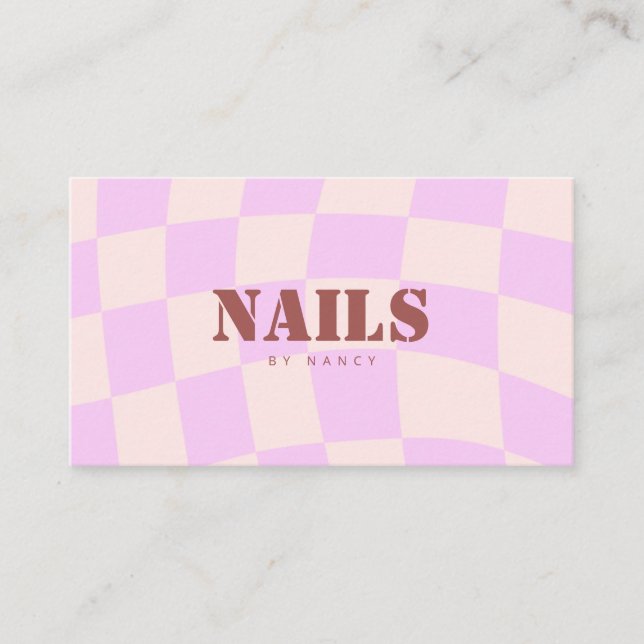 Swirl Pink Retro Checkerboard Nail Salon Business Card (Front)