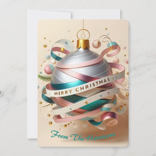 Swirl Ribbon Ornament Holiday Card (Front)