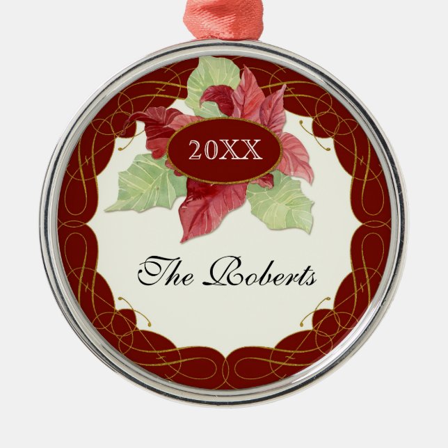 Swirl Scroll Art Christmas Poinsettia Personalized Metal Ornament (Front)
