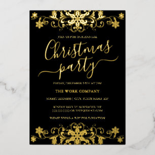 Swirl Snowflake Black Corporate Christmas Party Foil Invitation