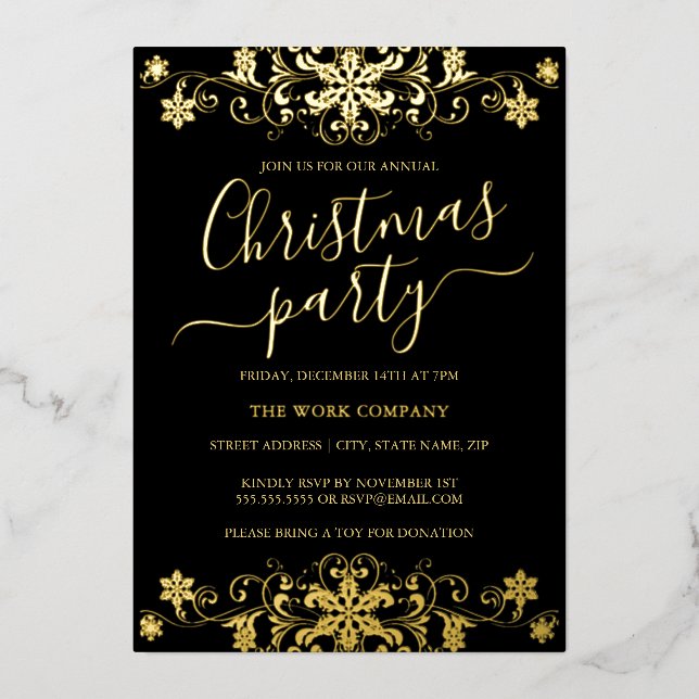 Swirl Snowflake Black Corporate Christmas Party  Foil Invitation (Front)
