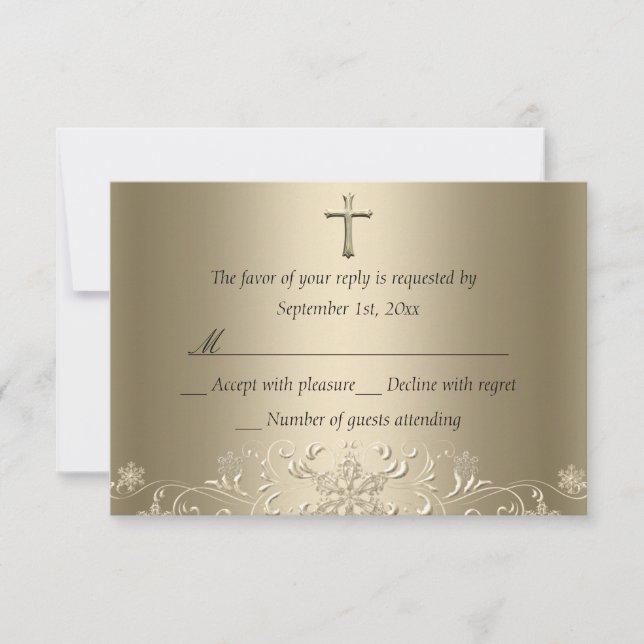 Swirl Snowflake & Cross Gold Baptism RSVP Card (Front)