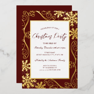 Swirl Snowflake Frame Red Gold Christmas Party Foil Invitation