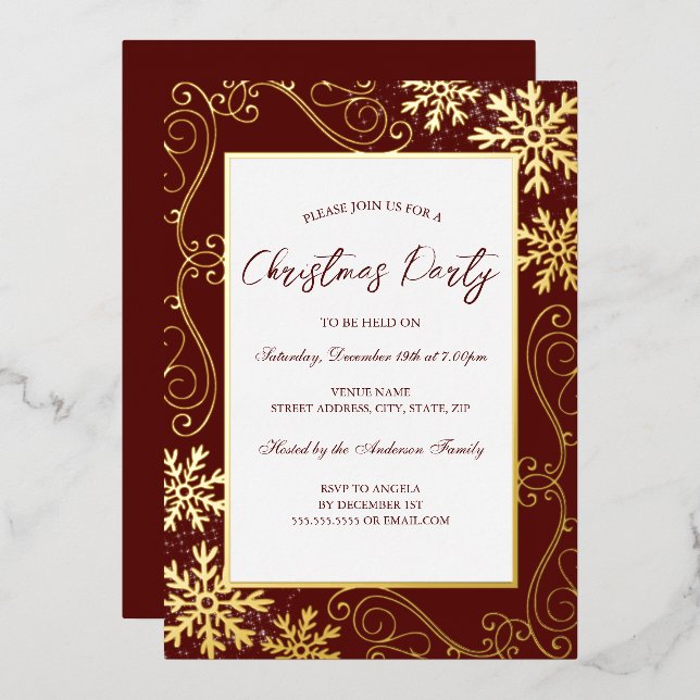 Swirl Snowflake Frame Red Gold Christmas Party Foil Invitation (Front/Back)