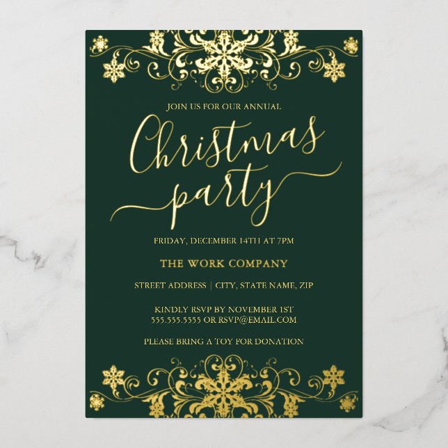 Swirl Snowflake Green Corporate Christmas Party  Foil Invitation (Front)