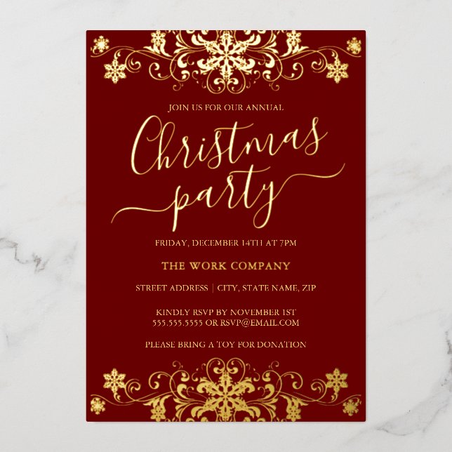 Swirl Snowflake Red Corporate Christmas Party  Foil Invitation (Front)