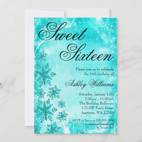 Swirl Snowflakes Teal Sweet 16 Winter Wonderland Custom Announcement